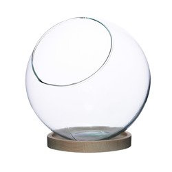 Szklany wazon kula na drewnianej podstawie D-23A+deska H:24cm D:23cm
